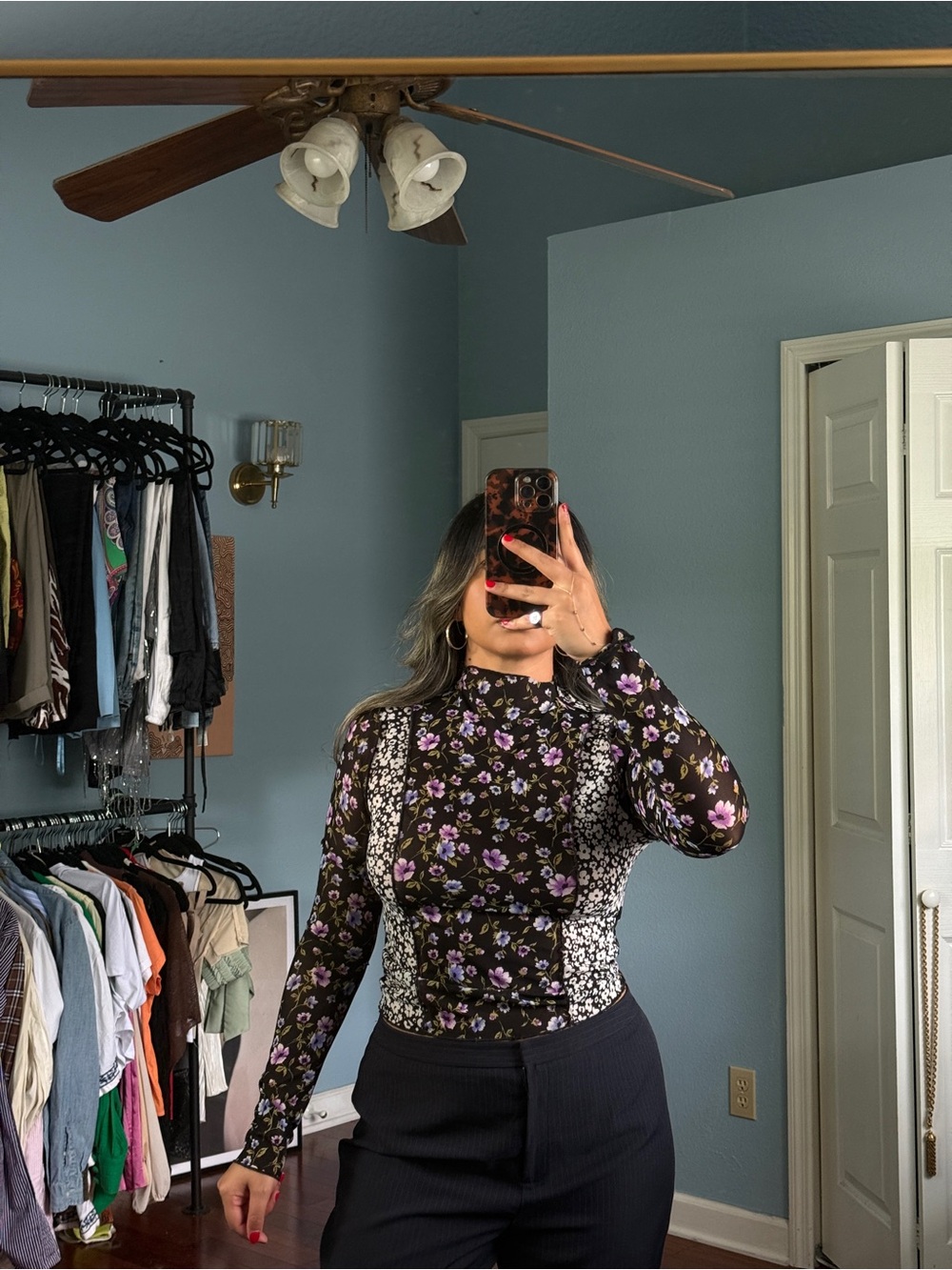 Forever 21 Black Mock Neck Floral Long Sleeve Top with Purple and White Flowers